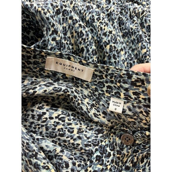 Equipment Shirt Dress Blue Animal Leopard Print 8 Silk Long Sleeve Drawstring - Picture 3 of 8